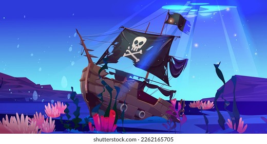 Underwater game scene with pirate ship crash and beam light. Vector wreck boat with black torn flag on seabed. Abandoned sunken vessel, sail with jolly roger, near rock, coral and seaweed to discover.