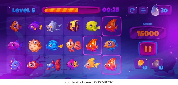 Underwater game ui interface with fish slot icon. Match 3 element with button cute cartoon vector mobile app design. Progress bar asset with clown, angler and piranha undersea object in glasses