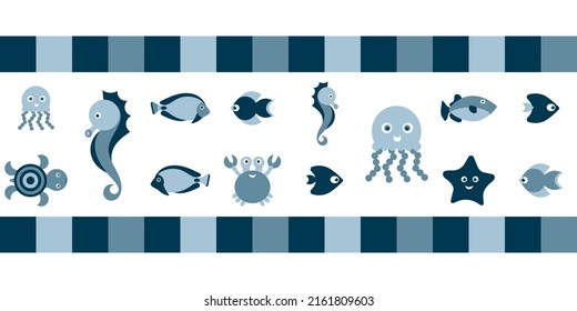 Underwater Geometric mosaic seamless border. Under water world, sea, ocean . Aquariums. Marine vector motif