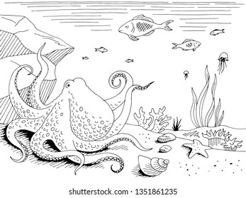 Underwater graphic sea black white sketch illustration vector