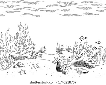 Underwater graphic sea black white sketch illustration vector