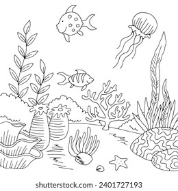 Underwater graphic sea black white sketch illustration vector 