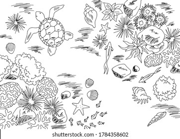 Underwater graphic sea top aerial view black white sketch illustration vector