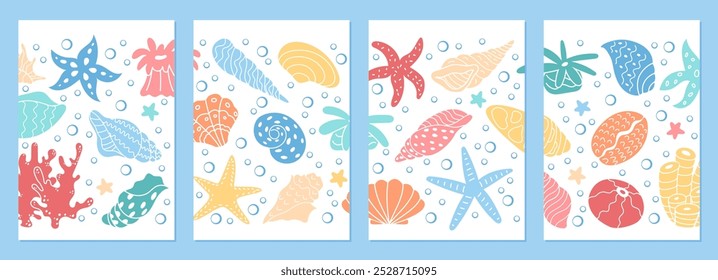 Conjunto gráfico submarino con diversos Elementos marinos como arrecifes de coral, estrellas de mar y conchas marinas. Captura vibrantes formas de vida que se encuentran bajo el mar, pintadas en un colorido diseño de dibujos animados.