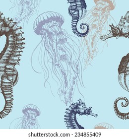 Underwater hand drawn illustration. Vector seamless pattern with seahorses and jellyfishes.