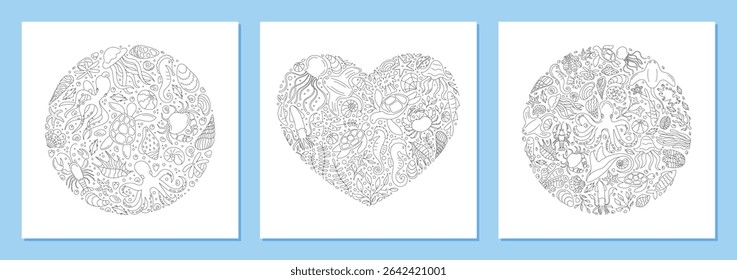 Projeto de conceito de coração e círculo subaquático. Silhueta marinha com peixes, plantas aquáticas e vida marinha em estilo de contorno. Mundo oceânico abstrato, textura sem doodle, ideal para fundos aquáticos ou