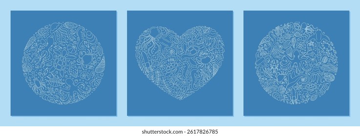 Underwater heart and circle outline design showing aquatic fish, coral, and marine world. Seamless doodle background with round abstract concept. Perfect for ocean themes creative usage.