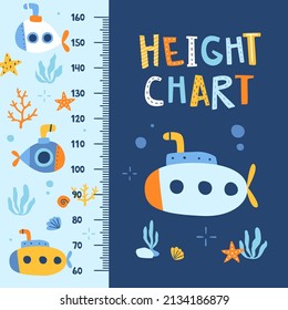 Underwater height chart with submarine. Marine baby wall ruler with seabed. Nautical stadiometer for kids.