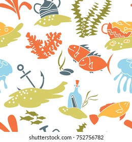 Underwater hidden treasures seamless pattern. Vector wallpaper with fishers, jellyfishes and old vases with gold. 