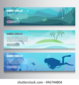 Underwater horizontal banners.Horizontal banners with scenes presents ocean,sea animals,island,diving.Colorful low polygon banner set.Island in the ocean and underwater world with different animals