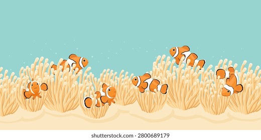 Underwater horizontal border design featuring cute orange clownfish swimming among beige sea anemones on a light turquoise ocean background.