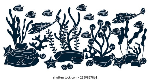 Underwater horizontal border. Ocean flora and fauna . Hand drawn white and blue vector illustration.