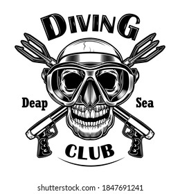 Ilustración vectorial del cazador subacuático. Calavera enmascarada con pistolas paralizantes cruzadas, texto de mar profundo. Concepto de actividad costera para emblemas de club de buceo o plantillas de etiquetas