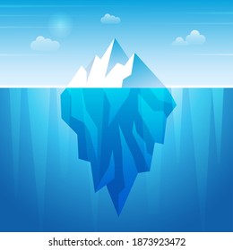 Underwater iceberg. Flowing ice rock in ocean water frozen mountain recent vector background