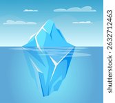 Underwater iceberg. Ice berg floating in sea water, glacier tip and underwater part arctic ocean mountain polar rock antarctic climate concept cartoon vector illustration