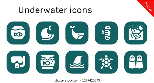  underwater icon set. 10 filled underwater icons. Simple modern icons about  - Fishbowl, Whale, Seahorse, Glacier, Dive, Aquarium, Shark, Turtle, Fins