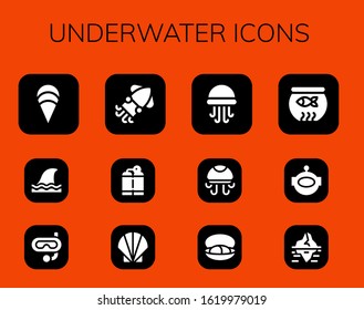 Underwater Icon Set. 12 Filled Underwater Icons.  Simple Modern Icons Such As: Clam, Shark, Snorkel, Squid, Oxygen Tank, Seashell, Jellyfish, Mussel, Fish Bowl, Aqualung, Iceberg