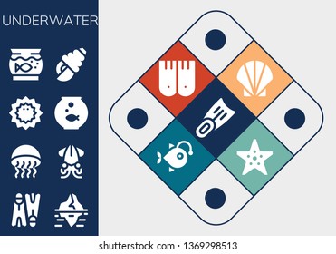 underwater icon set. 13 filled underwater icons.  Simple modern icons about  - Fins, Flippers, Iceberg, Medusa, Squid, Sea urchin, Fishbowl, Aquarium, Seashell, Anglerfish, Starfish