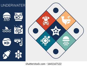 underwater icon set. 13 filled underwater icons. Included Starfish, Seashell, Turtle, Fishbowl, Diving mask, Shark, Glacier, Medusa, Aquarium, Whale, Squid, Jellyfish icons