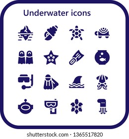 underwater icon set. 16 filled underwater icons.  Simple modern icons about  - Iceberg, Seashell, Turtle, Fins, Starfish, Fishbowl, Snorkel, Shark, Squid, Aqualung, Octopus