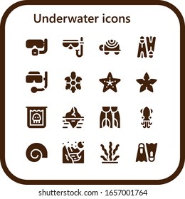 underwater icon set. 16 filled underwater icons. Included Dive, Diving mask, Turtle, Flippers, Snorkel, Starfish, Creature, Iceberg, Squid, Shell, Glacier, Seaweed icons