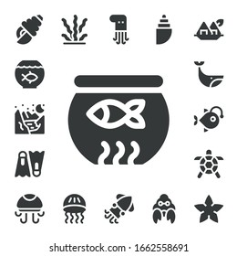 underwater icon set. 17 filled underwater icons. Included Seashell, Fish bowl, Glacier, Dive, Whale, Anglerfish, Turtle, Jellyfish, Seaweed, Octopus, Squid, Shell, Hermit crab icons