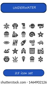 underwater icon set. 25 filled underwater icons.  Collection Of - Turtle, Seashell, Octopus, Puffer fish, Dive, Medusa, Fins, Jellyfish, Shell, Starfish, Diving mask, Flippers