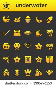 underwater icon set. 26 filled underwater icons.  Simple modern icons about  - Whale, Turtle, Seaweed, Jellyfish, Seashell, Snorkel, Fins, Diving mask, Fishbowl, Coral, Starfish