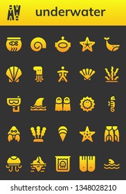 underwater icon set. 26 filled underwater icons.  Simple modern icons about  - Fish bowl, Flippers, Shell, Aqualung, Starfish, Whale, Seashell, Octopus, Wingsuit, Seaweed, Snorkel
