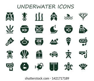 underwater icon set. 30 filled underwater icons.  Collection Of - Flippers, Squid, Seaweed, Hermit crab, Shark, Coral, Fishbowl, Aquarium, Whale, Fish bowl, Fins, Aqualung, Clam