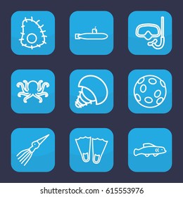 Underwater icon. set of 9 outline underwater icons such as octopus, extinct sea creature, extinct fish, submarine, snorkel