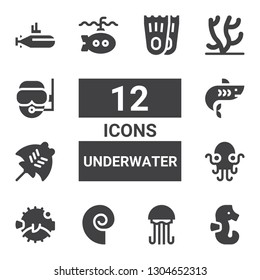 underwater icon set. Collection of 12 filled underwater icons included Seahorse, Jellyfish, Seashell, Blowfish, Kraken, Manta ray, Shark, Submarine, Coral, Diver, Flippers