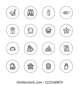 Underwater icon set. collection of 16 outline underwater icons with aqualung, diving mask, flippers, jellyfish, fins, medusa, mermaid, seaweed, shell, sea urchin icons.