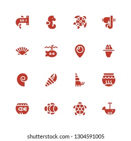 underwater icon set. Collection of 16 filled underwater icons included Whale, Turtle, Clown fish, Aquarium, Fishbowl, Hermit crab, Seashell, Iceberg, Periscope, Submarine, Diving mask