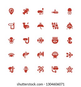 underwater icon set. Collection of 25 filled underwater icons included Turtle, Scuba diving, Iceberg, Diving mask, Goldfish, Shell, Shark, Seashell, Seahorse, Fish bowl, Clown fish