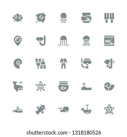 underwater icon set. Collection of 25 filled underwater icons included Turtle, Whale, Shark, Submarine, Seashell, Fish bowl, Diving mask, Scuba diving, Diving, Flipper, Aquarium