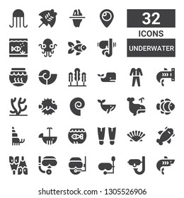 underwater icon set. Collection of 32 filled underwater icons included Shark, Dive, Diving mask, Diver, Scuba diving, Flipper, Seashell, Fins, Aquarium, Whale, Hermit crab, Clown fish