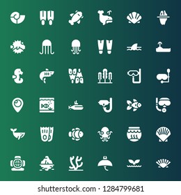 underwater icon set. Collection of 36 filled underwater icons included Seashell, Whale, Manta ray, Coral, Iceberg, Aqualung, Shell, Fishbowl, Kraken, Clown fish, Flippers, Scuba diving