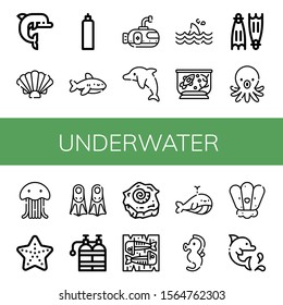 Underwater Icon Set. Collection Of Dolphin, Shell, Oxygen Tank, Shark, Submarine, Fish Tank, Flippers, Octopus, Jellyfish, Starfish, Fins, Mackerel, Whale, Seahorse Icons