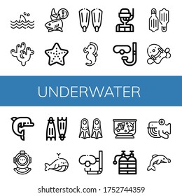 Underwater Icon Set. Collection Of Shark, Coral, Starfish, Fins, Seahorse, Dive, Diving Glasses, Flippers, Pool Kickboard, Dolphin, Diving Helmet, Whale, Fish Tank, Oxygen Tank Icons