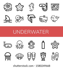 underwater icon set. Collection of Shell, Shark, Starfish, Pool kickboard, Seahorse, Dolphin, Diving glasses, Whale, Fish tank, Snorkel, Jellyfish, Octopus, Diving helmet icons