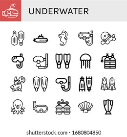 Underwater Icon Set. Collection Of Submarine, Flippers, Seahorse, Snorkel, Pool Kickboard, Dive, Jellyfish, Oxygen Tank, Shark, Fins, Diving Glasses, Octopus, Oxygen, Shell Icons