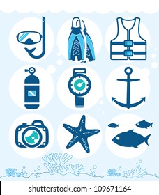 Underwater icons collection on the coral background