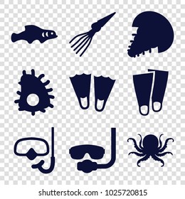 Underwater icons. set of 9 editable filled underwater icons such as octopus, underwater mask, flippers, snorkel, extinct sea creature