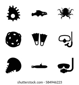 underwater icons set. Set of 9 underwater filled icons such as octopus, snorkel, extinct sea creature, extinct fish, submarine, underwater mask