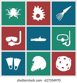 Underwater icons set. set of 9 underwater filled icons such as octopus, snorkel, extinct sea creature, submarine, underwater mask