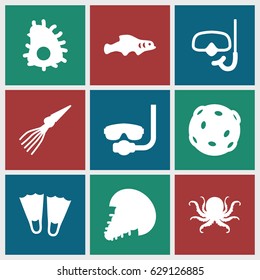 Underwater icons set. set of 9 underwater filled icons such as octopus, snorkel, extinct sea creature, extinct fish, underwater mask