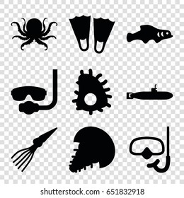 Underwater icons set. set of 9 underwater filled icons such as octopus, snorkel, extinct sea creature, extinct fish, submarine, underwater mask