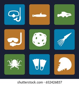 Underwater icons set. set of 9 underwater filled icons such as octopus, snorkel, extinct sea creature, extinct fish, submarine, underwater mask