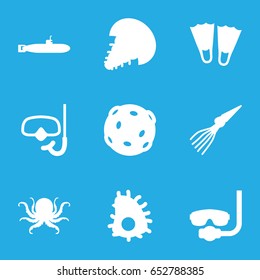Underwater icons set. set of 9 underwater filled icons such as octopus, snorkel, extinct sea creature, submarine, underwater mask